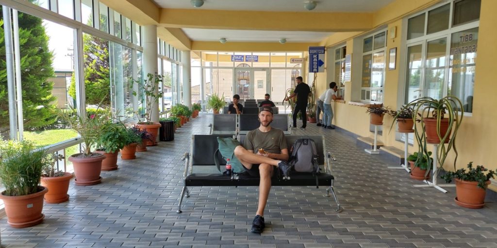 Dennis waiting for the bus in Sheki, Azerbaijan