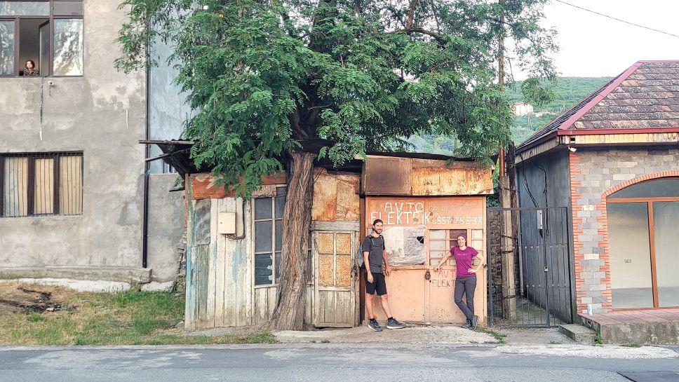 In front of an abandoned kiosk in Sheki, Azerbaijan