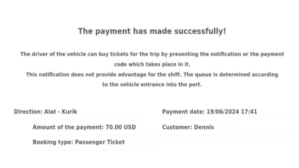 Confirmation of payment of the online ferry ticket